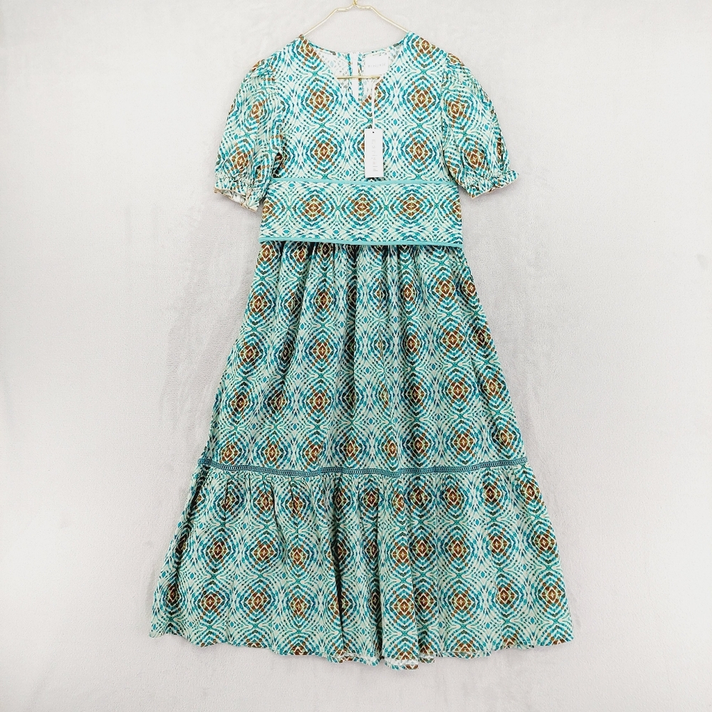 New Marigold Geo Print V-Neck Cotton Short Sleeve Belted Midi Dress P2744